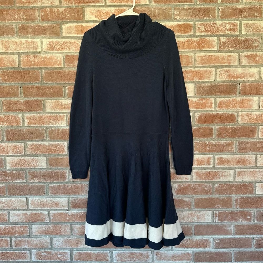 Vineyard Vines 100% Merino Wool Sweater Dress Cowl Neck Women’s Large Navy White